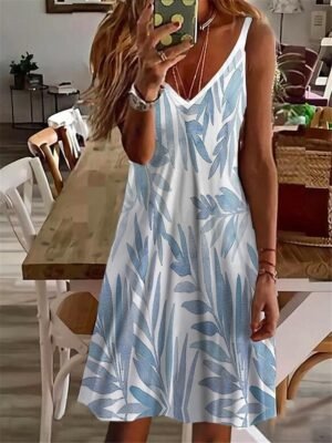 Casual Regular Fit Print V Neck Sleeveless Mini Sundress - Image 1