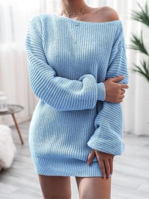 Casual Regular Fit Pure Colour Off Shoulder Long Sleeve Sweater Dress - Image 6