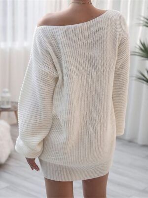 Casual Regular Fit Pure Colour Off Shoulder Long Sleeve Sweater Dress - Image 8