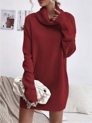 Casual Regular Fit Pure Colour Turtleneck Long Sleeve Long Sweater Dress - Image 10