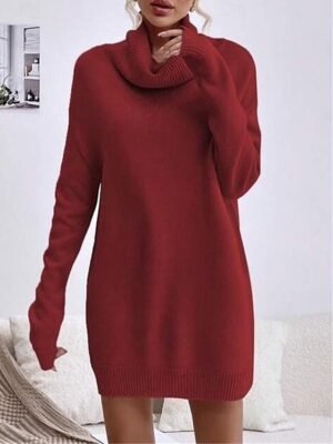 Casual Regular Fit Pure Colour Turtleneck Long Sleeve Long Sweater Dress - Image 11