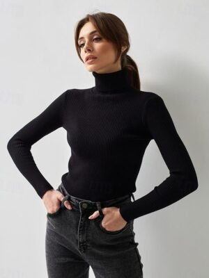 Casual Regular Fit Pure Colour Turtleneck Long Sleeve Regular Sweater - Image 12