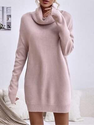 Casual Regular Fit Pure Colour Turtleneck Long Sleeve Long Sweater Dress - Image 2