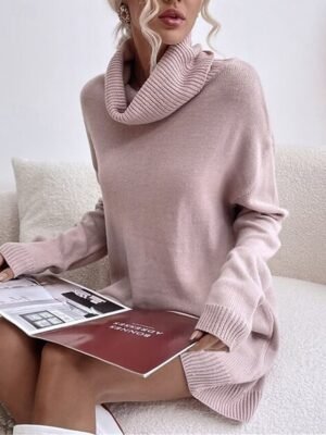 Casual Regular Fit Pure Colour Turtleneck Long Sleeve Long Sweater Dress - Image 3