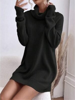 Casual Regular Fit Pure Colour Turtleneck Long Sleeve Long Sweater Dress - Image 4