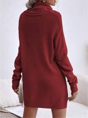 Casual Regular Fit Pure Colour Turtleneck Long Sleeve Long Sweater Dress - Image 8