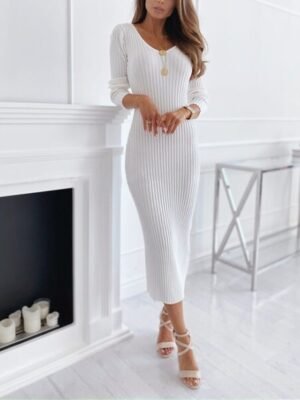 Casual Regular Fit Pure Colour V Neck Long Sleeve Midi Jumper Dress - Image 1