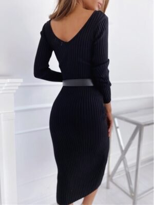 Casual Regular Fit Pure Colour V Neck Long Sleeve Midi Jumper Dress - Image 10