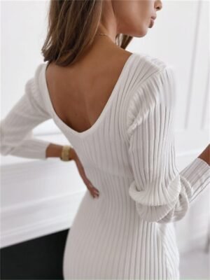 Casual Regular Fit Pure Colour V Neck Long Sleeve Midi Jumper Dress - Image 4
