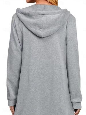 Casual Regular Fit Solid Colour Full Zip Long Sleeve Long Hoodie Jacket - Image 3