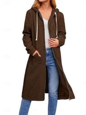 Casual Regular Fit Solid Colour Full Zip Long Sleeve Long Hoodie Jacket - Image 8