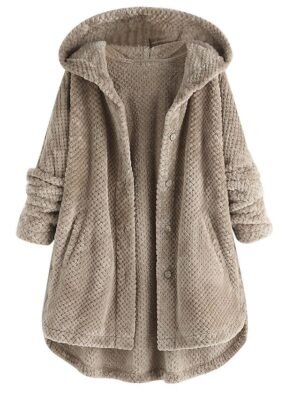 Casual Regular Fit Solid Colour Hooded Long Sleeve Long Teddy Coat - Image 1