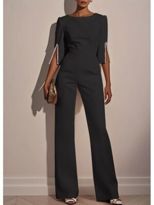 Casual Regular Fit Solid Round Neck 3/4 Sleeve Jumpsuit - Image 3