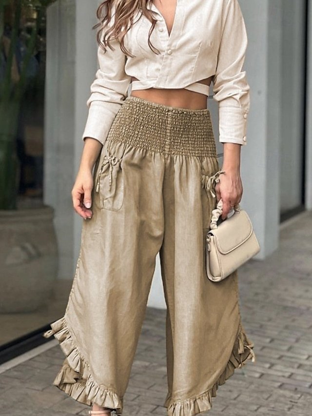 Casual Regular Fit Solid Shirt Collar Long Sleeve Summer Blouse Shirt Pants Set - Image 1