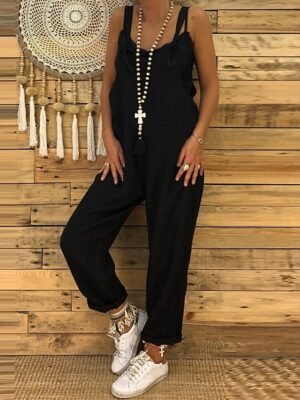 Casual Regular Fit Solid Sleeveless Long Utility Jumpsuit - Image 3