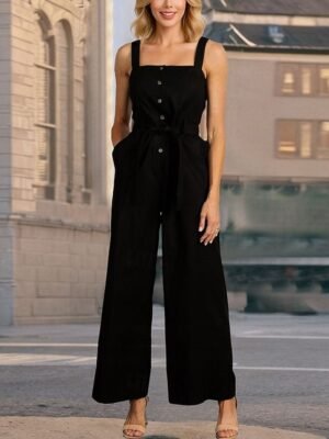 Casual Regular Fit Solid Sleeveless Wide Leg Jumpsuit - Image 11