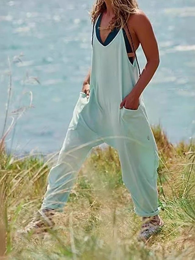 Casual Regular Fit Solid V Neck Sleeveless Jumpsuit - Image 1