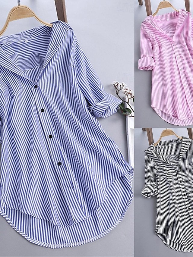 Casual Regular Fit Stripe Stand Collar Long Sleeve Shacket - Image 1