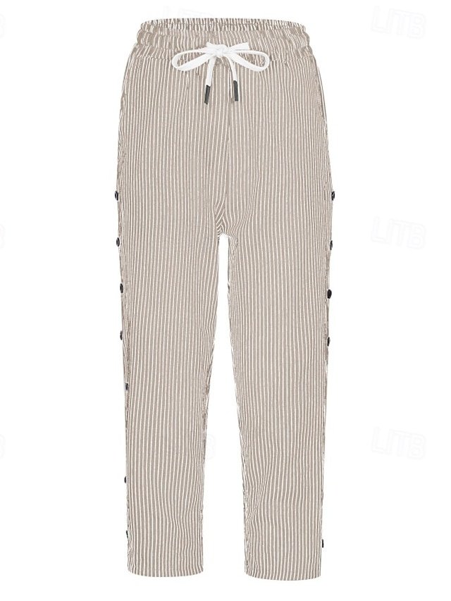 Casual Regular Fit Striped Pocket Elastic Waist Calf-Length Capri Pants - Image 2