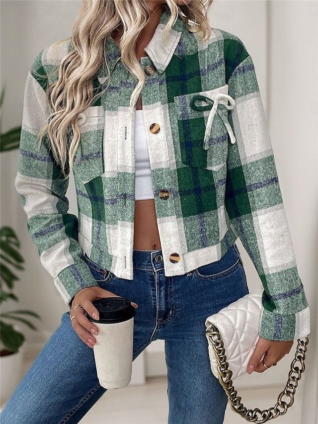 Casual Regular Fit Stripes and Plaid Round Neck Long Sleeve Short Coat - Image 1