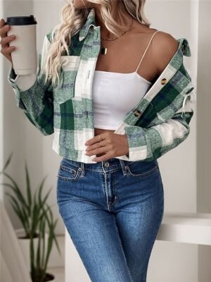 Casual Regular Fit Stripes and Plaid Round Neck Long Sleeve Short Coat - Image 5