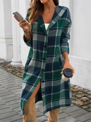 Casual Regular Fit Stripes & Plaid Long Sleeve Long Coat - Image 5