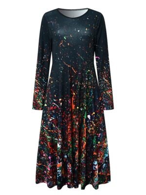 Casual Regular Fit Tie Dye Crew Neck Long Sleeve Midi Dress - Image 1