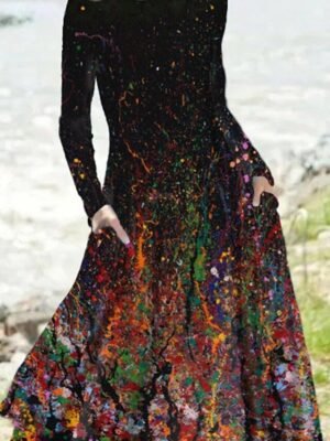 Casual Regular Fit Tie Dye Crew Neck Long Sleeve Midi Dress - Image 3