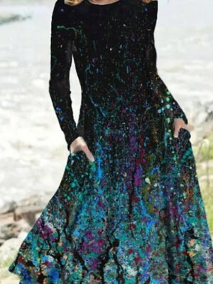 Casual Regular Fit Tie Dye Crew Neck Long Sleeve Midi Dress - Image 4