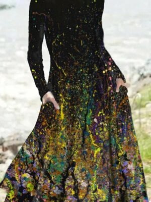 Casual Regular Fit Tie Dye Crew Neck Long Sleeve Midi Dress - Image 5