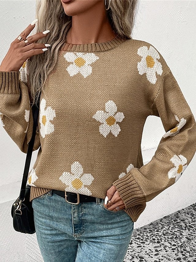 Casual Regular Floral Crew Neck Long Sleeve Knit Jumper - Image 1