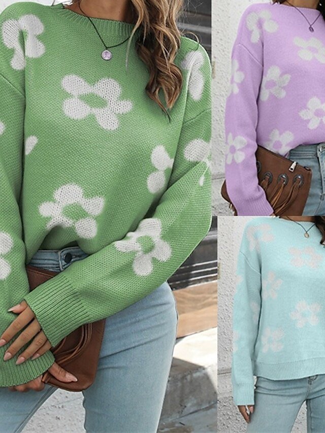 Casual Regular Floral Crew Neck Long Sleeve Knitted Tops - Image 1