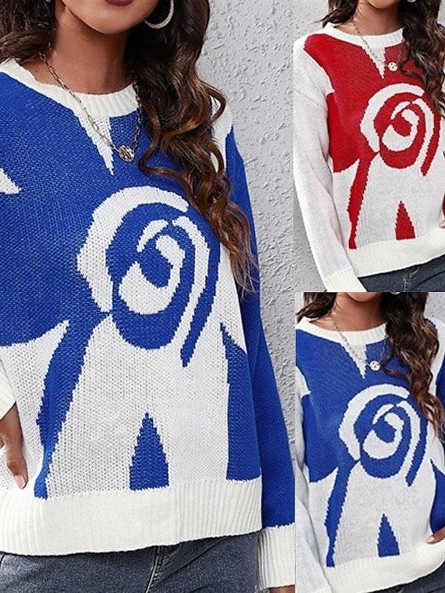 Casual Regular Floral Crew Neck Long Sleeve Knit Pullover - Image 1