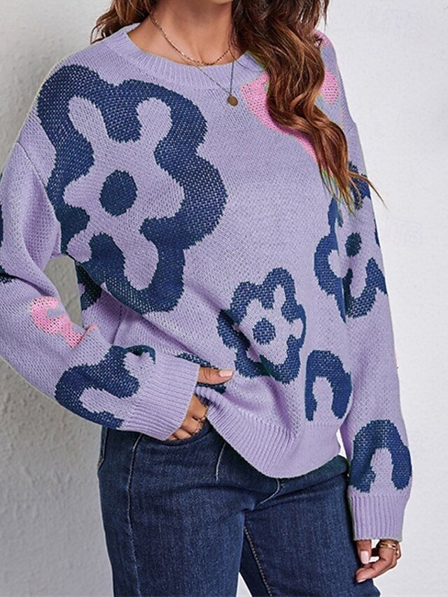 Casual Regular Floral Crew Neck Long Sleeve Knit Pullover - Image 1