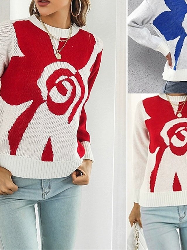 Casual Regular Floral Crew Neck Long Sleeve Knitted Top - Image 1