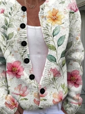 Casual Regular Floral Crew Neck Long Sleeve Knitted Cardigan - Image 2
