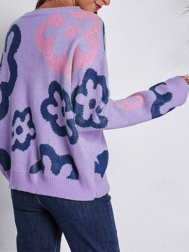 Casual Regular Floral Crew Neck Long Sleeve Knit Pullover - Image 2