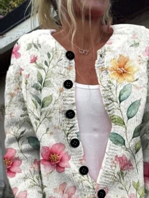 Casual Regular Floral Crew Neck Long Sleeve Knitted Cardigan - Image 3