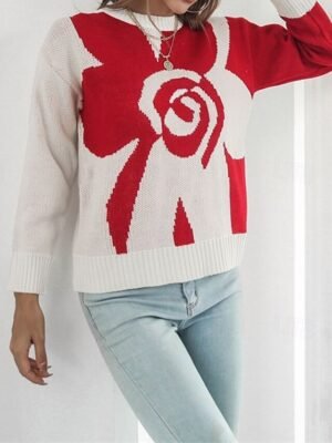 Casual Regular Floral Crew Neck Long Sleeve Knitted Top - Image 3