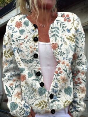 Casual Regular Floral Crew Neck Long Sleeve Knitted Cardigan - Image 4