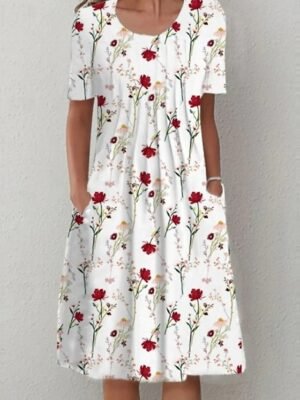 Casual Regular Floral Crew Neck Short Sleeve Midi Dress - Image 8