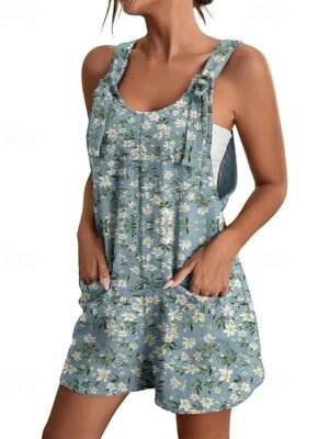 Casual Regular Floral Crew Neck Sleeveless Baggy Shorts Jumpsuit - Image 5