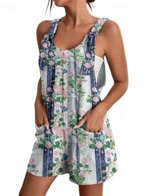 Casual Regular Floral Crew Neck Sleeveless Baggy Shorts Jumpsuit - Image 6