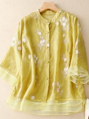 Casual Regular Floral High Neck 3/4 Sleeve Embroidered Top - Image 1