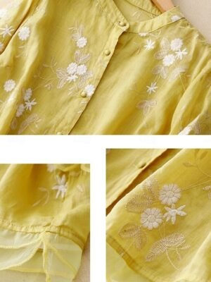 Casual Regular Floral High Neck 3/4 Sleeve Embroidered Top - Image 3