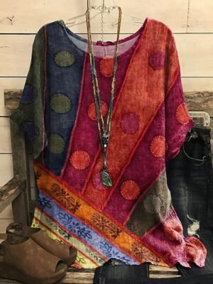 Casual Regular Floral Leaf Print Crew Neck Dolman Sleeve Short Blouse - Image 2