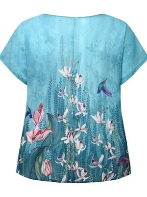 Casual Regular Floral Leaf Print Crew Neck Dolman Sleeve Short Blouse - Image 4