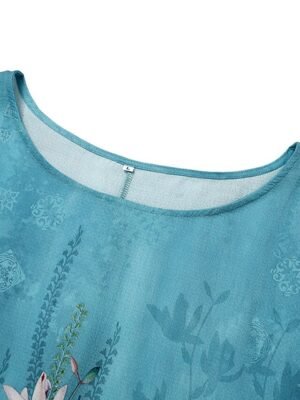 Casual Regular Floral Leaf Print Crew Neck Dolman Sleeve Short Blouse - Image 5