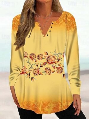 Casual Regular Floral Round Neck Long Sleeve Tunic Top - Image 2