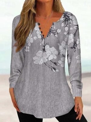 Casual Regular Floral Round Neck Long Sleeve Tunic Top - Image 4